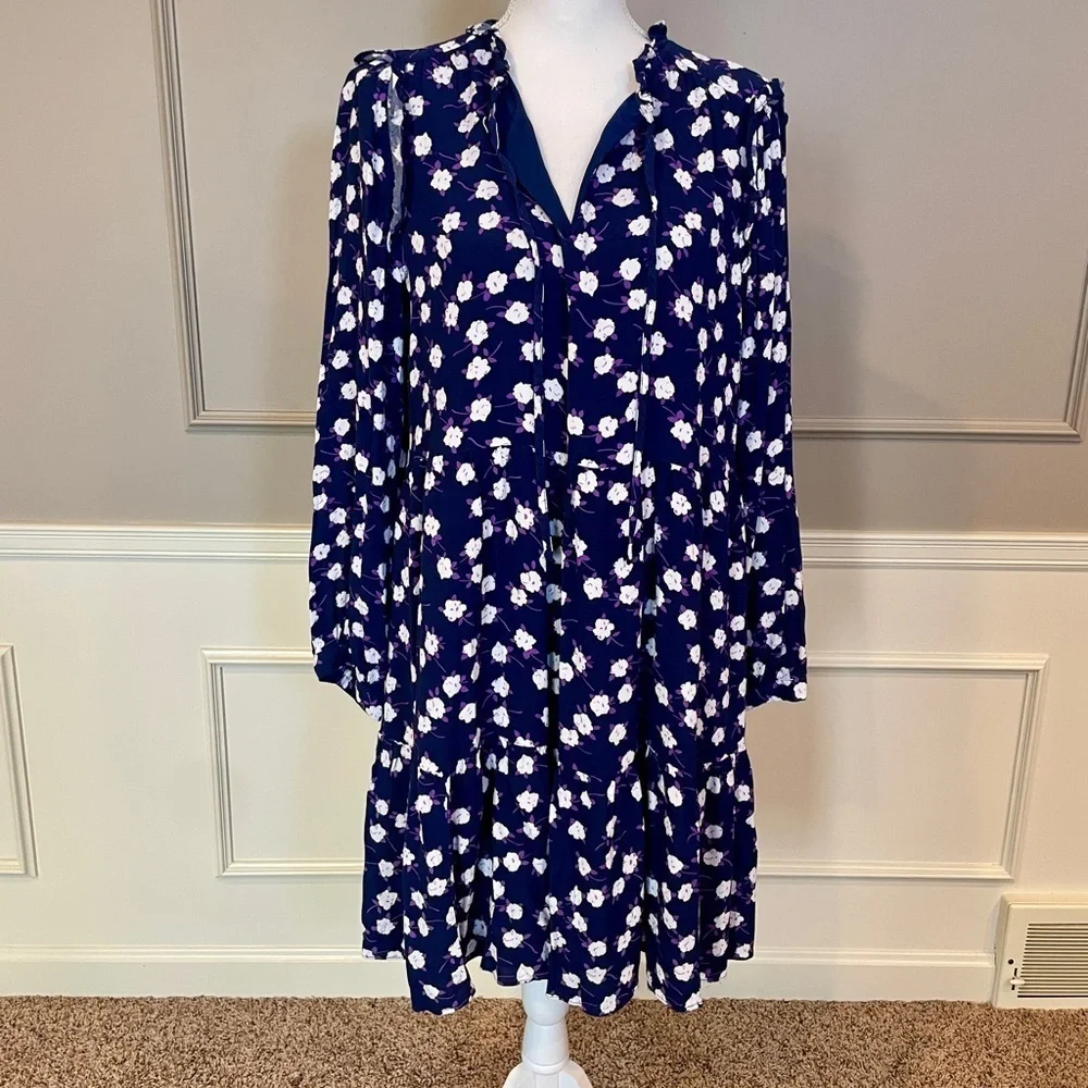 J Crew Re-Imagined Dress Large Dropped Waist Purple Floral Peasant Ruffle Knee